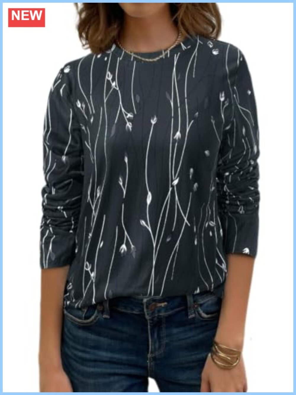 Womens Long Sleeve Crewneck Floral Print T-Shirt Regular Fit Casual Top